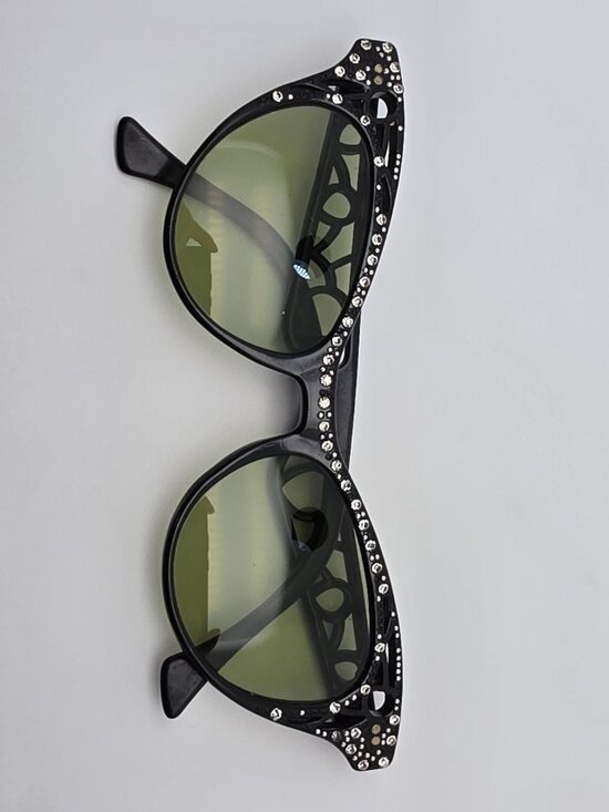 1950’s Black Rhinestone Frame G-15 Green Glass Lens Vintage Cat Eye Sunglasses